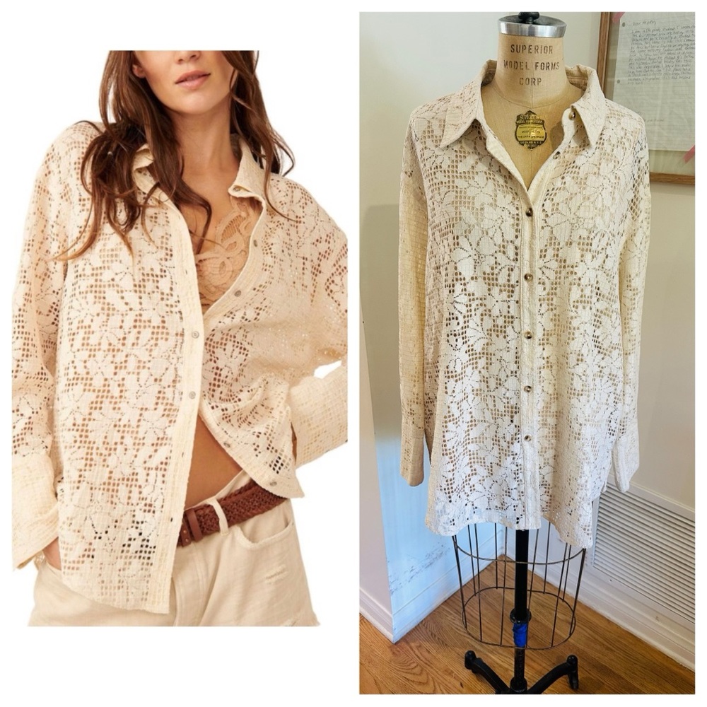 Free People In Your Dreams Lace Button Down Shirt, Tea (Cream), Large